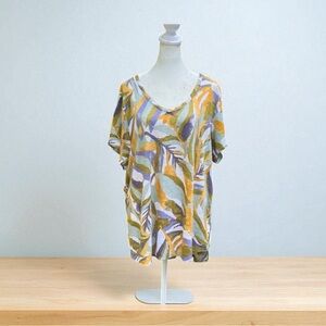 Rachel Zoe 100% Linen Slub Knit Short Sleeve Top in Abstract Print Size 1X